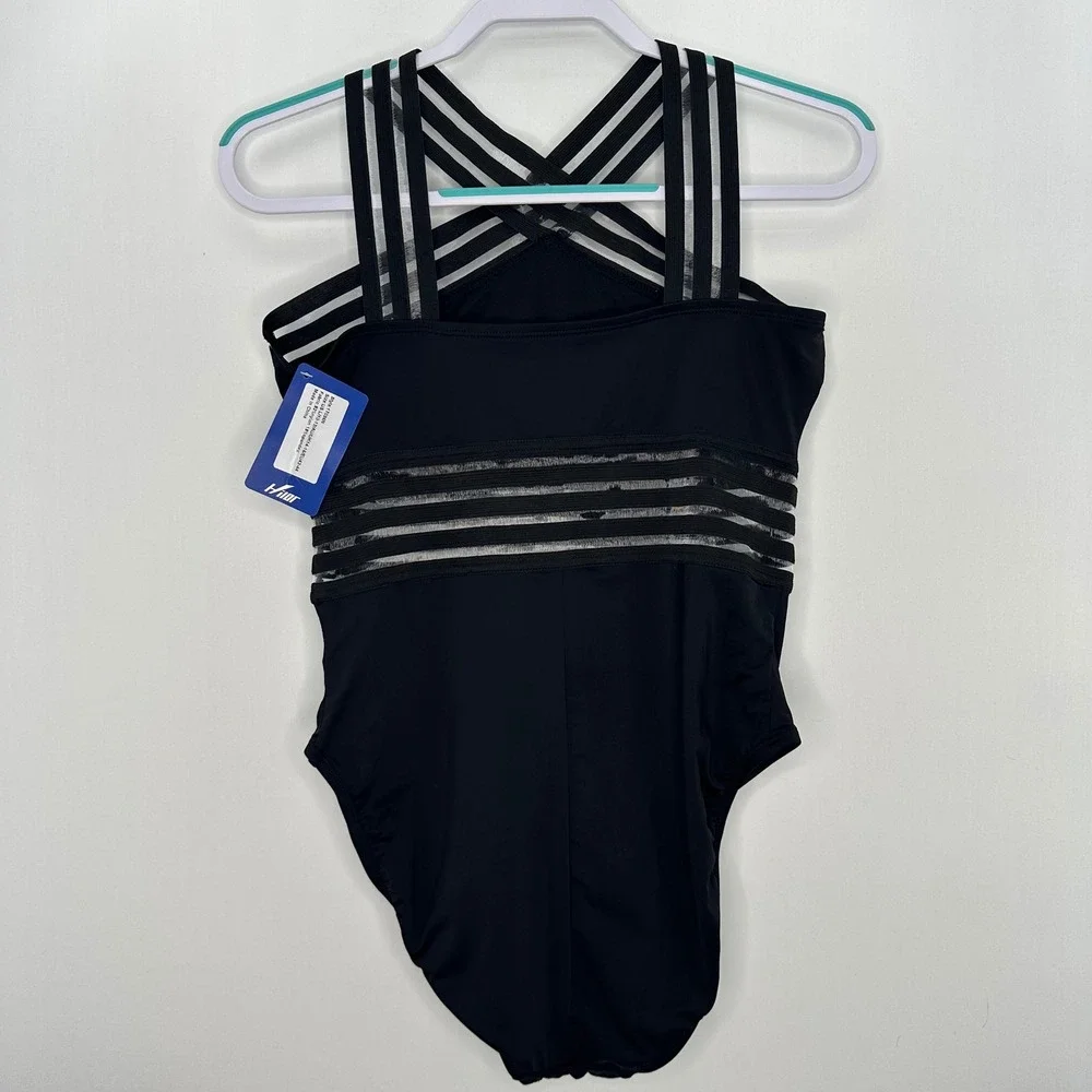 NWT Hilor Strappy Mesh Halter Cross Back One Piece Swimsuit L Black Sexy Minimal